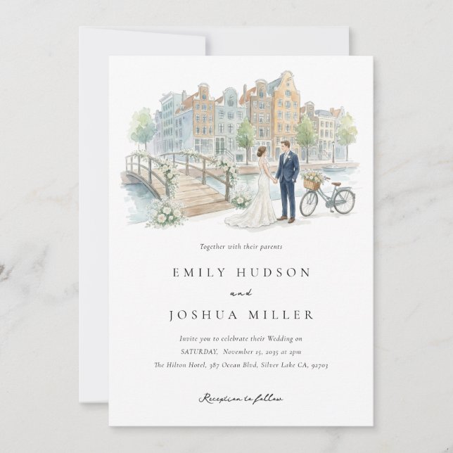 Invitación Boda acuarela en Ámsterdam (Anverso)