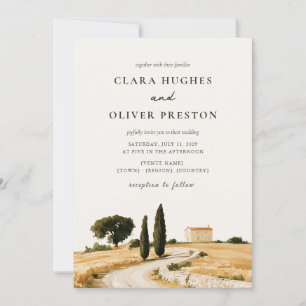 Invitación Boda acuarela en camino rural de ciprés toscano 