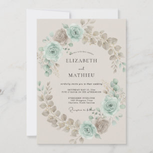 Invitación Boda acuarela en taupe y verde espuma de mar
