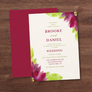 Invitación Boda acuarela en verde lima y borgoña