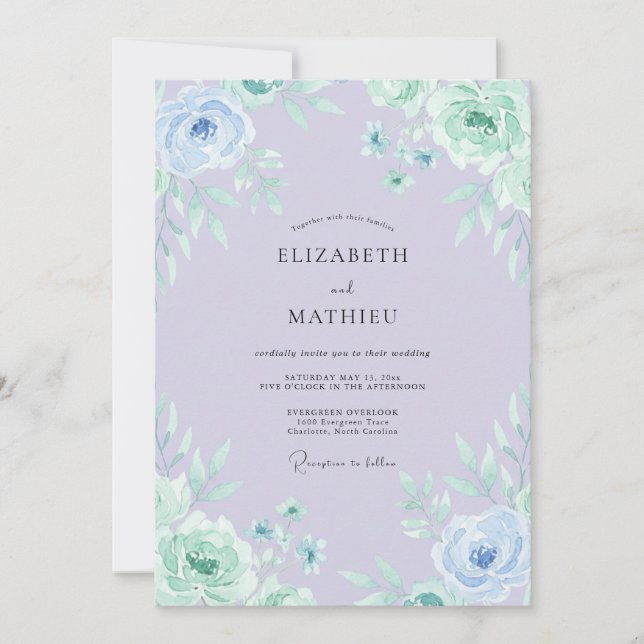Invitación Boda acuarela etérea de lavanda y menta (Anverso)