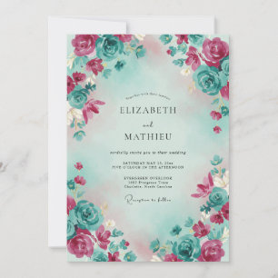 Invitación Boda acuarela etérea magenta azul verdoso