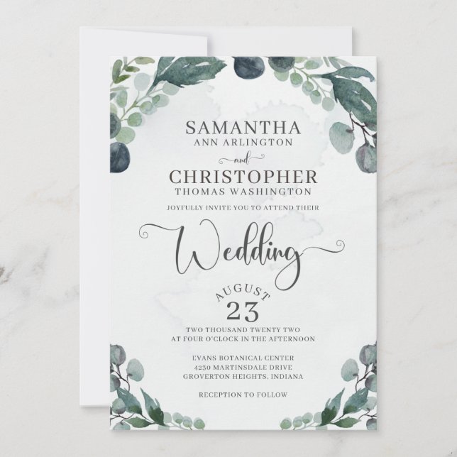 Invitación Boda acuarela Eucalyptus Greenery (Anverso)