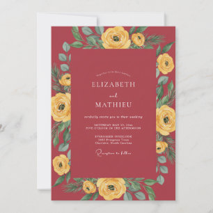 Invitación Boda Acuarela Floral Amarillo Carmesí