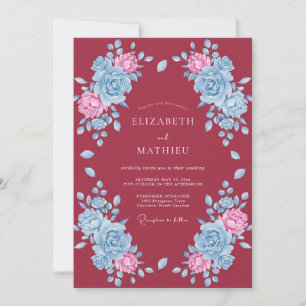 Invitación Boda Acuarela Floral Azul Carmesí