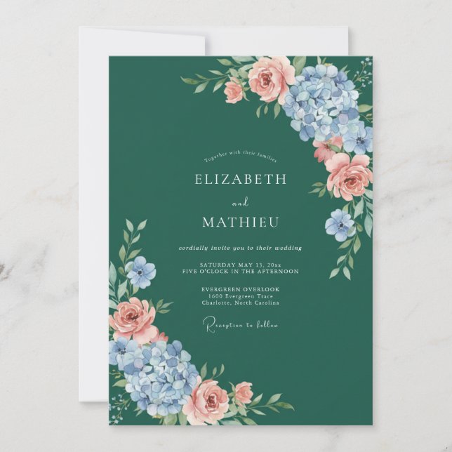 Invitación Boda acuarela floral azul esmeralda (Anverso)