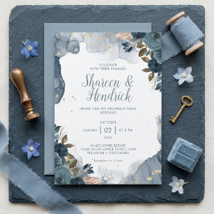Invitación Boda acuarela floral azul polvoriento con lámina d