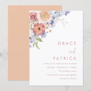 Invitación Boda acuarela floral azul y melocotón