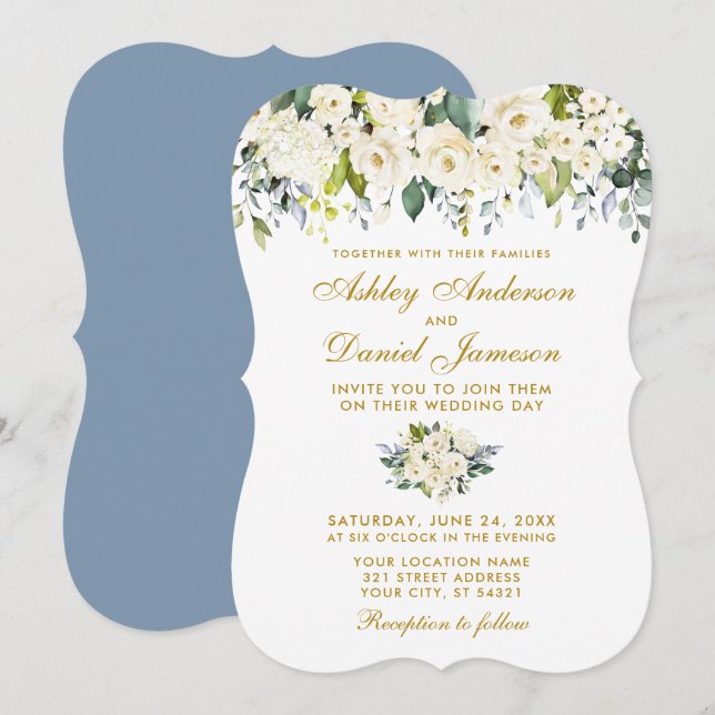 Invitación Boda acuarela floral blanca Dusty Blue Gold (Anverso / Reverso)