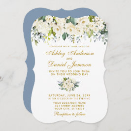 Invitación Boda acuarela floral blanca Dusty Blue Gold