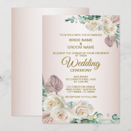 Invitación Boda Acuarela Floral Blanca Rosada con Vegetación