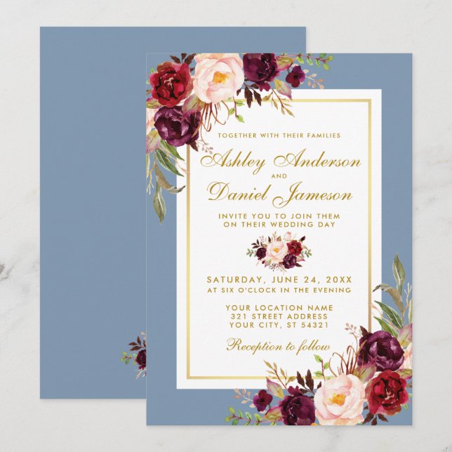 Invitación Boda acuarela floral borgoña dorada azul turbulent (Anverso / Reverso)