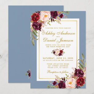 Invitación Boda acuarela floral borgoña dorada azul turbulent