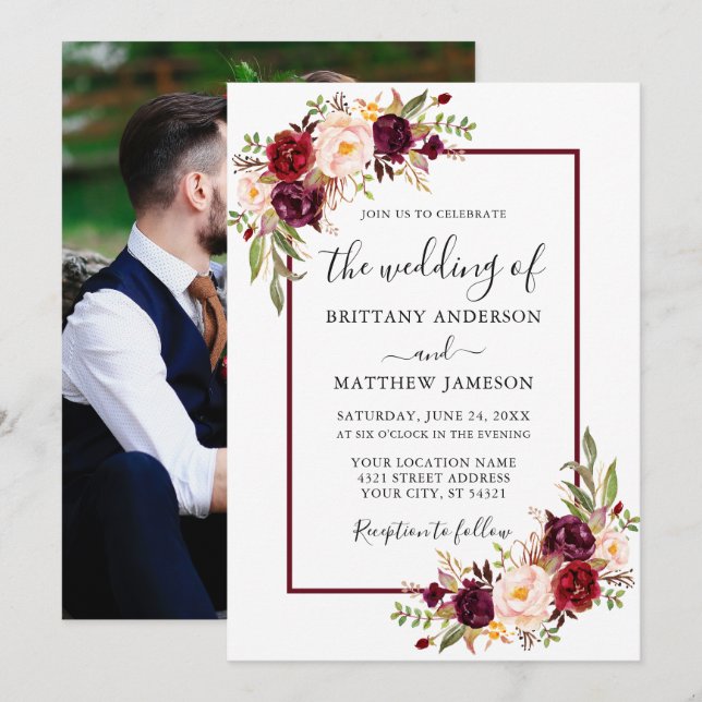 Invitación Boda acuarela Floral Borgoña Foto (Anverso / Reverso)