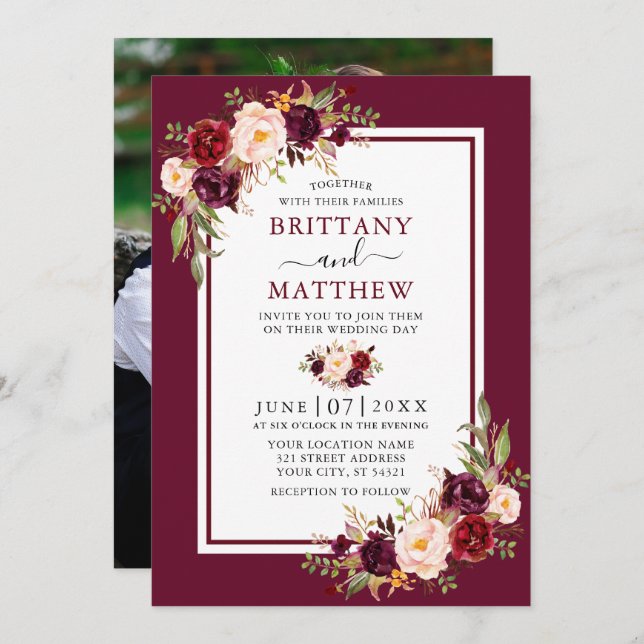 Invitación Boda acuarela Floral Borgoña foto de marco (Anverso / Reverso)