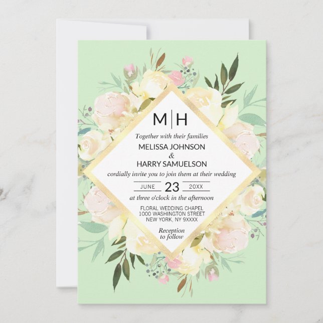 Invitación Boda acuarela Floral Bouquet Pink Mint Gold (Anverso)