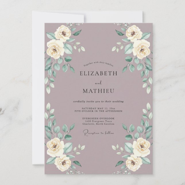 Invitación Boda Acuarela Floral Crema Malva (Anverso)