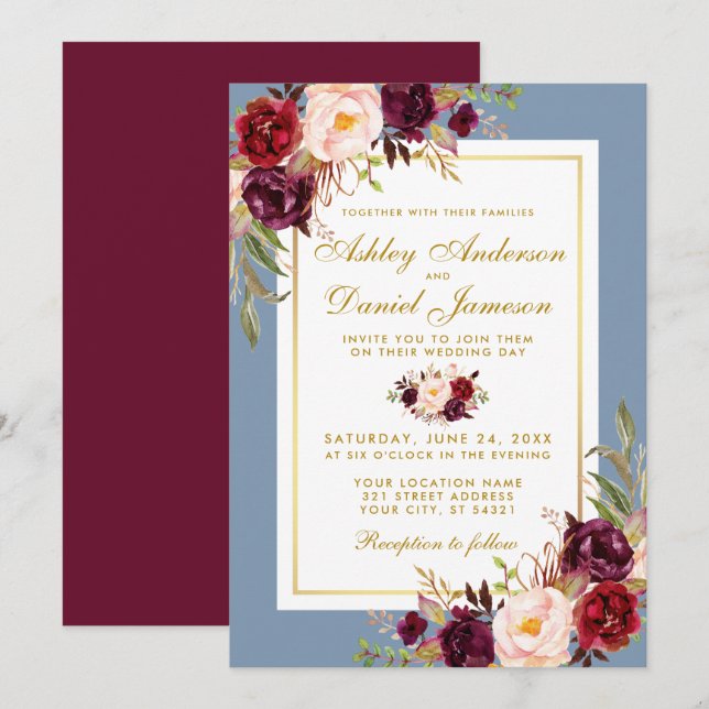 Invitación Boda acuarela Floral Dusty Blue Burgundy Gold (Anverso / Reverso)