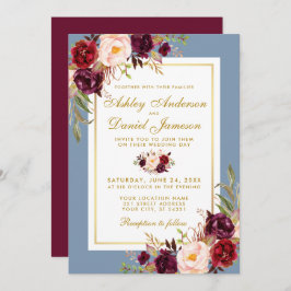 Invitación Boda acuarela Floral Dusty Blue Burgundy Gold