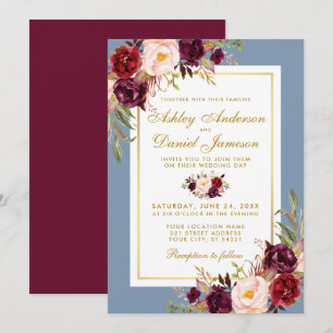 Invitación Boda acuarela Floral Dusty Blue Burgundy Gold