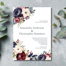 Boda acuarela floral en burgundy, azul marino y cr