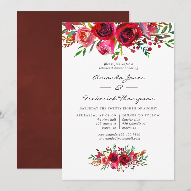 Invitación Boda acuarela Floral Ensayo Cena (Anverso / Reverso)