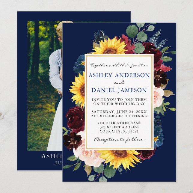 Invitación Boda acuarela Floral Gold Blue Photo (Anverso / Reverso)
