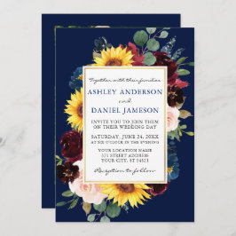 Invitación Boda acuarela Floral Gold Blue Photo