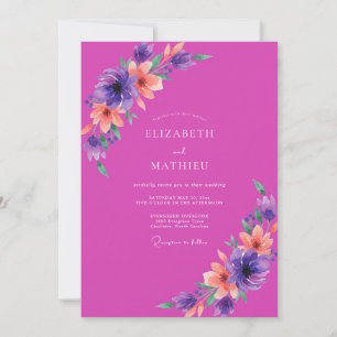 Invitación Boda acuarela floral magenta púrpura
