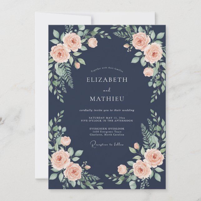 Invitación Boda acuarela floral melocotón navy (Anverso)