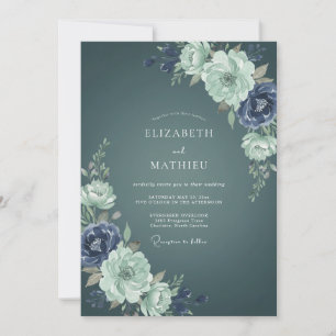 Invitación Boda Acuarela Floral Menta Verde Teal