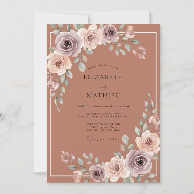 Invitación Boda acuarela floral óxido (Anverso)