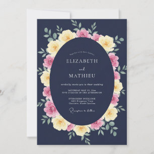 Invitación Boda acuarela floral pastel naval