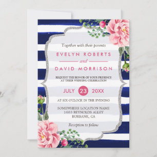 Invitación Boda acuarela Floral Plata Bandas Azules