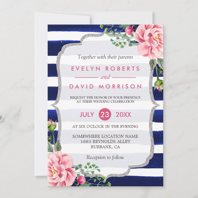 Invitación Boda acuarela Floral Plata Bandas Azules (Anverso)