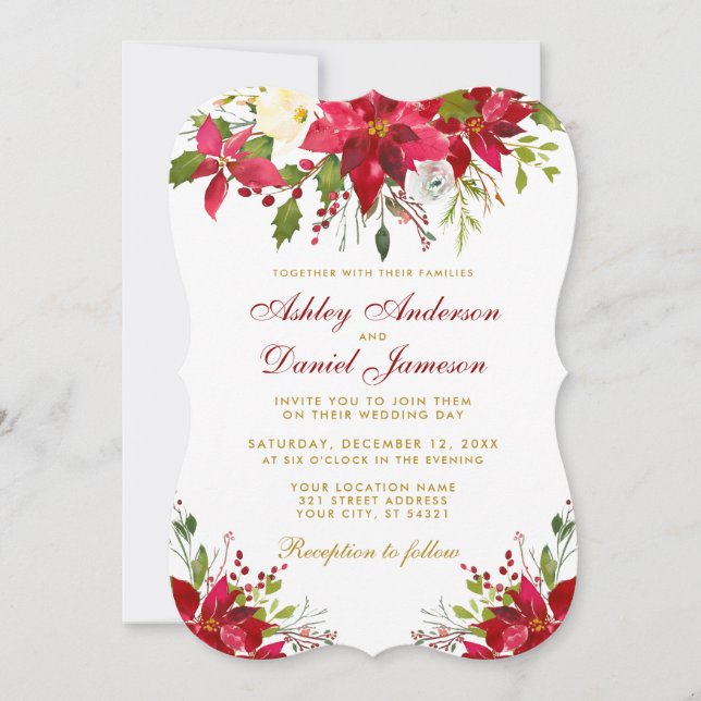 Invitación Boda acuarela Floral Poinsettia dorada rojo (Anverso)