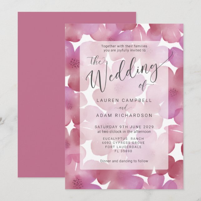 Invitación Boda acuarela floral rosa Boho Blush (Anverso / Reverso)