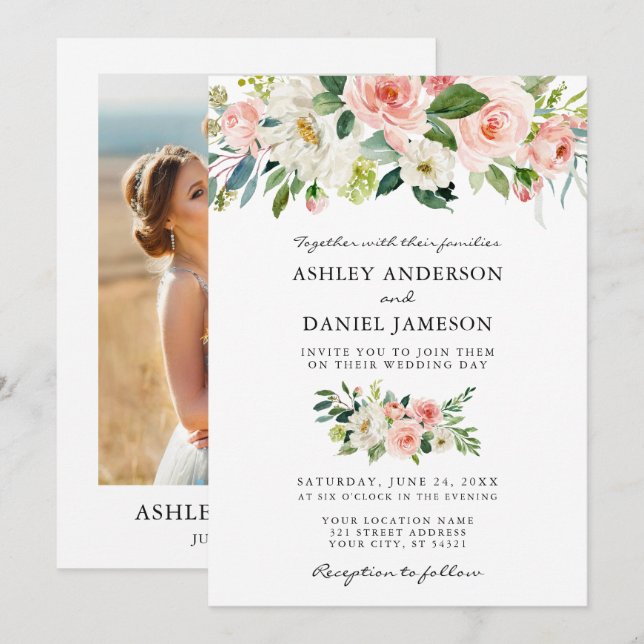 Invitación Boda acuarela Floral rosa foto Rubor (Anverso / Reverso)