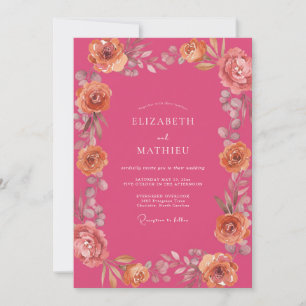 Invitación Boda Acuarela Floral Rosa Fucsia Melocotón