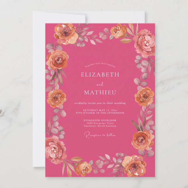 Invitación Boda Acuarela Floral Rosa Fucsia Melocotón (Anverso)