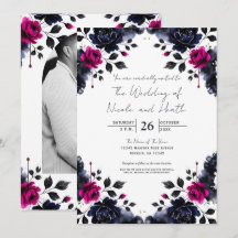 Boda acuarela floral rosa magenta y azul