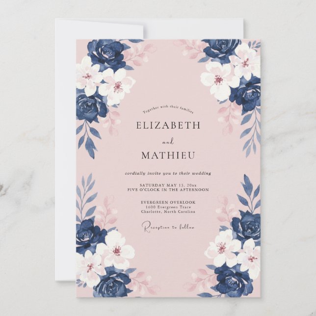 Invitación Boda acuarela floral rosa Navy (Anverso)
