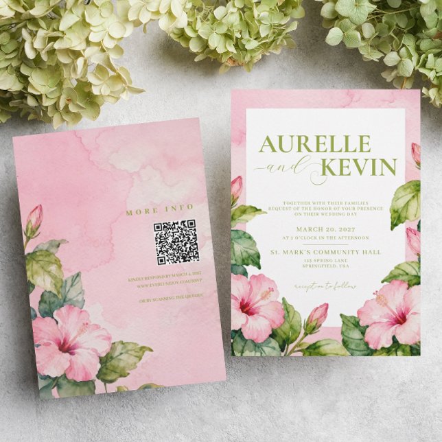 Invitación Boda acuarela floral rosa verde verano código QR (Subido por el creador)