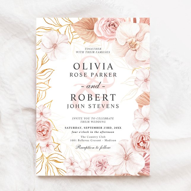 Invitación Boda acuarela floral Rubor rosa dorado (Subido por el creador)