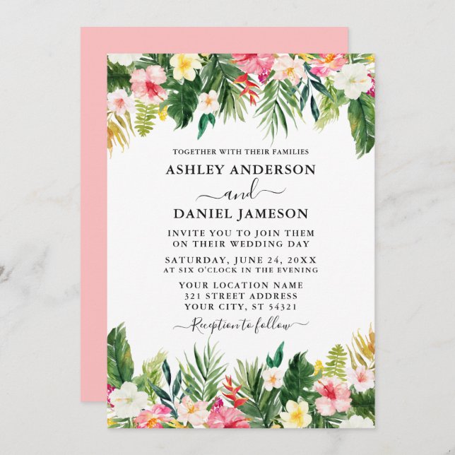 Invitación Boda acuarela Floral tropical verde rosa (Anverso / Reverso)