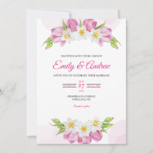 Invitación Boda acuarela floral Tulipán Narciso Rosa