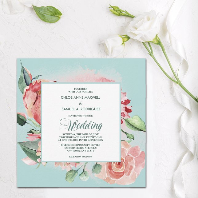 Invitación Boda acuarela floral Verde azulada y rosa coral (Subido por el creador)