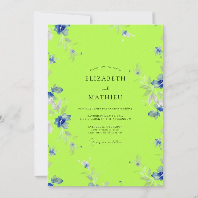 Invitación Boda acuarela floral verde lima (Anverso)