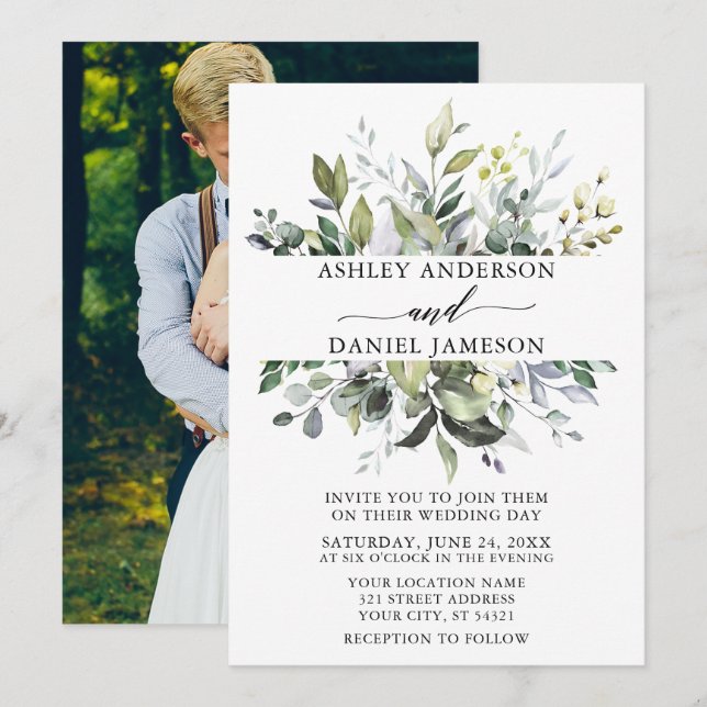 Invitación Boda acuarela Foto de vegetación botánica (Anverso / Reverso)