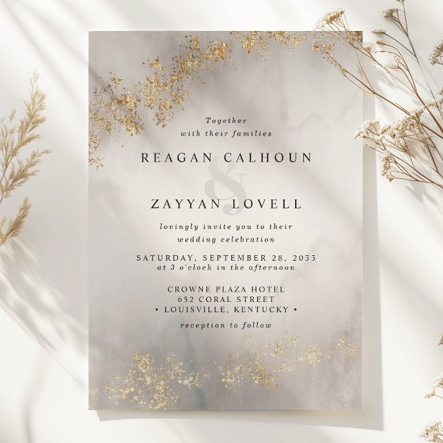 Invitación Boda acuarela gris con motas doradas de lujo moder (Subido por el creador)